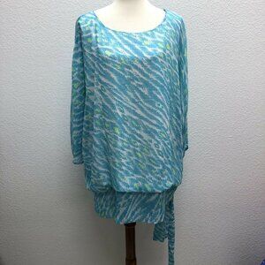 Bob Mackie Womens 2X Top Wearable Art Green Teal Aqua White Blouse Shirt Beach